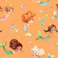 Seamless watercolor pattern with cute multiracial girls mermaids, sea elements, sea stars, fishes, flowers etc Girls