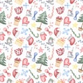 Seamless watercolor pattern with cute winter and christmas objects. Hand-drawn repeat paper . Design for clothing, textiles, postc Royalty Free Stock Photo