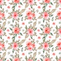 Seamless watercolor pattern with delicate florals in red, grey green leaves. Hand drawn decor patterns with flowers and greenery Royalty Free Stock Photo