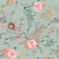 Seamless watercolor pattern with delicate rose and protea flowers and dried fern flowers and palm leaves