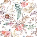 Seamless watercolor pattern with delicate rose and protea flowers and dried fern flowers and palm leaves