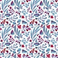 Seamless watercolor pattern. Differend blue and pink leaves and berries on white background. Royalty Free Stock Photo