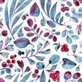 Seamless watercolor pattern. Differend blue and pink leaves and berries on white background. Royalty Free Stock Photo