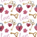 Seamless Watercolor pattern with keys, lock, love