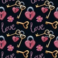 Seamless Watercolor pattern with keys, lock, love