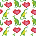 Seamless watercolor pattern with dinosaurs and red bitten heart on white background.