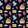 Seamless Watercolor pattern with doves, letters.