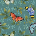 Seamless watercolor pattern. Drawn leaves and butterflies on a green background. Art ornament for background and print. drawn leav