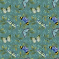 Seamless Watercolor Pattern. Drawn Leaves And Butterflies On A Green Background. Ornament Art. Drawn Leaves Of Different Shades.