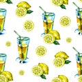 Seamless watercolor pattern with a drink, cocktail with lemon, ice, mojito, smoothies. Fruit lemon, mint leaf. Vintage Royalty Free Stock Photo