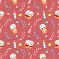 Seamless watercolor pattern with Easter cakes, willow branches, Easter eggs and candles on a colored background. Royalty Free Stock Photo