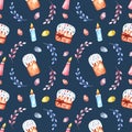 Seamless watercolor pattern with Easter cakes, willow branches, Easter eggs and candles on a colored background. Royalty Free Stock Photo