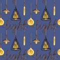 Seamless watercolor pattern Edison lamps on a rope loft style inscription light, on a dark blue background interior Royalty Free Stock Photo