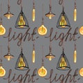 Seamless watercolor pattern Edison lamps on a rope loft style inscription light, on purple, grey background Royalty Free Stock Photo