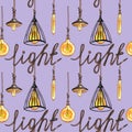 Seamless watercolor pattern Edison lamps on a rope loft style inscription light, on light purple, lilac background Royalty Free Stock Photo