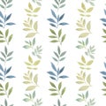 Seamless watercolor pattern. Elegant leaves art design. Retro hand drawn spring elements of green leave seamless white background.