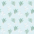 Seamless watercolor pattern with eucalyptus and gypsophila bouquets, white lace bows on blue background. Can be used for