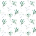 Seamless watercolor pattern with eucalyptus and gypsophila bouquets, white lace bows. Can be used for wedding prints