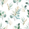 Seamless watercolor pattern with eucalyptus leaves and golden elements. leaves with golden texture and green tropical leaves on wh