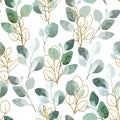 Seamless watercolor pattern with eucalyptus leaves and golden elements. leaves with golden texture and green tropical leaves on wh