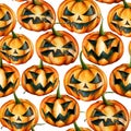 Seamless watercolor pattern of evil pumpkins. Halloween holiday. Royalty Free Stock Photo