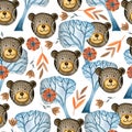 Seamless watercolor pattern of fabulous bears in the forest. Royalty Free Stock Photo