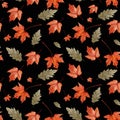 Seamless watercolor pattern with fall leaf elements. Autumn season. Repeated horizontally and vertically.