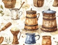 Rustic Kitchenware Watercolor Pattern with Wooden Vessels Royalty Free Stock Photo