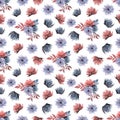 Seamless watercolor pattern with  floral in blue red colors. Hand drawn print with delicate flowers and leaves Royalty Free Stock Photo