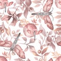 Seamless watercolor pattern with  floral in trendy   neutral colors.  modern color.Hand drawn decor patterns with florals, moth, Royalty Free Stock Photo