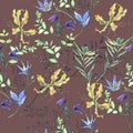 watercolor pattern with flowers and branches and grass flowers burgundy background