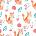 Seamless watercolor pattern with fox,apple,berries and leaf.Print with a cute animal