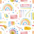 Seamless watercolor pattern. Funny cartoon print for children`s textiles. Brush drawn ornament on paper. Isolated elements in