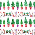 Seamless watercolor pattern, gardening theme, potted seedlings and gardening tools, horizontal, wrapping paper,