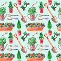 Seamless watercolor pattern gardening, theme potted seedlings and gardening tools, on pale blue background