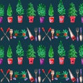 Seamless watercolor pattern gardening theme potted seedlings and gardening tools, horizontal, on dark blue background