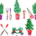 Seamless watercolor pattern gardening theme potted seedlings and gardening tools, horizontal, on white backgroundd