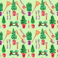 Seamless watercolor pattern gardening, theme potted seedlings and gardening tools, on pale green background