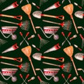 Seamless watercolor pattern gardening tools wheelbarrow saw, secateurs, shovel, broom, brush,on dark green background