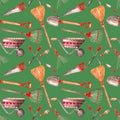 Seamless watercolor pattern gardening tools wheelbarrow saw, secateurs, shovel, broom, brush,on on a green background