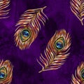 Seamless watercolor pattern with gold peacock feathers
