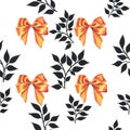 Seamless watercolor pattern with gold (yellow) bows and black branches, leaves. Watercolour illustration.