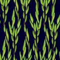 Seamless watercolor pattern with green leaves on willow branches on dark blue background. Vintage style. Botany pattern for Royalty Free Stock Photo