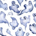 Seamless watercolor pattern of halloween ghosts. Watercolor illustration.