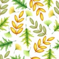 Seamless watercolor pattern with hand drawn autumn branches and leaves isolated on white background. Botanical illustration for Royalty Free Stock Photo