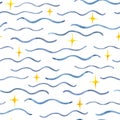 Seamless watercolor pattern with hand drawn blue waves and yellow sparkles Royalty Free Stock Photo