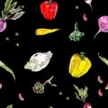 Seamless watercolor pattern with Hand drawn vegetables. Beetroot, radish, carrot, beans, peas, pod, artichoke, chili