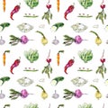 Seamless watercolor pattern with Hand drawn vegetables. Beetroot, radish, carrot, beans, peas, pod, artichoke, chili