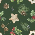 Seamless watercolor pattern. Hand drawn vintage style Christmas decorations, holly leaves, branch with red berries and Royalty Free Stock Photo