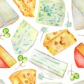 A seamless watercolor pattern with the hard Dutch cheeses and blue cheeses, spices and grapes. Painted on a white background.